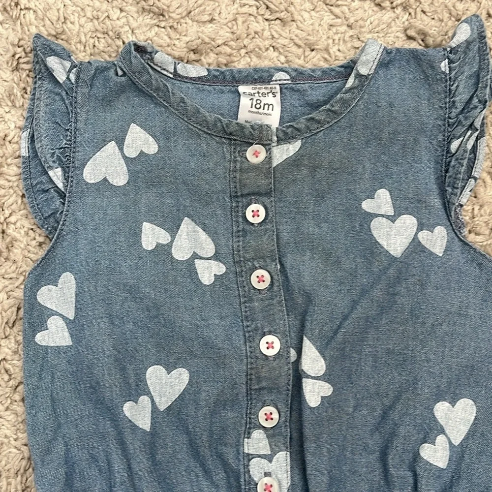 Carters lightweight chambray romper SZ 18mos. Heart imprints. Snap crotch
